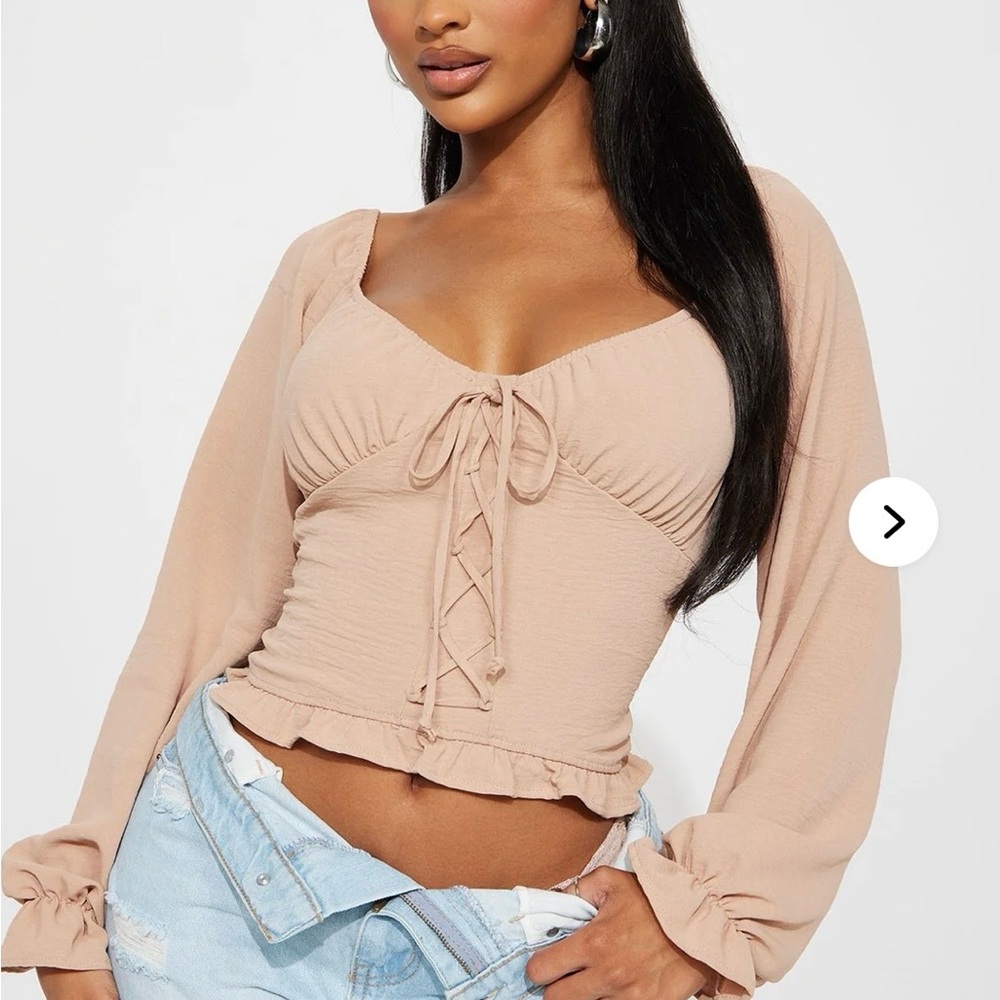 Fashion Nova Blouson Sleeve Lace-Up Crop Top in Nude